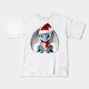 Adorable Blue Baby Dragon Wearing a Red Festive Christmas Hat Kids T-Shirt